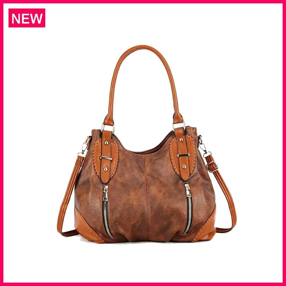 Large Vintage Leather Tote Hobo Shoulder Bag with Adjustable Strap